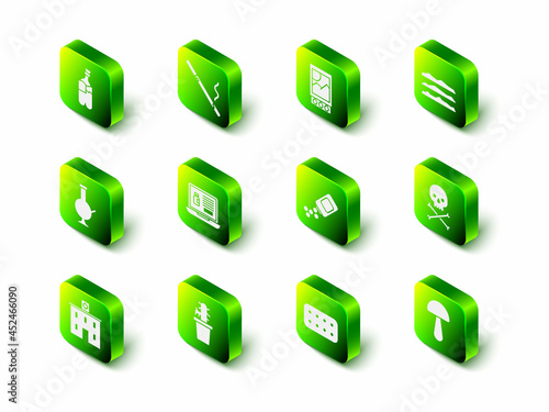 Set Cigarette, Open matchbox and matches, Cocaine or heroin drug, Skull on crossbones, Psilocybin mushroom, Medicine bottle pills, Pills blister pack and Cactus peyote pot icon. Vector
