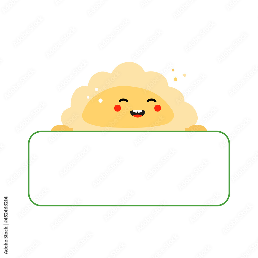 Fototapeta premium Cute smiling cartoon style pierogi, filled dumpling character holding in hands blank card, banner. 