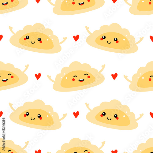 Cute smiling cartoon style pierogi, filled dumplings characters and red hearts vector seamless pattern background.