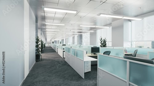 Interior of an empty office space. Empty workstations in the office. Stylish contemporary office space. 3d visualization