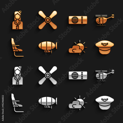 Set Airship, Helicopter, Pilot hat, Sun and cloud weather, Airplane seat, Airline ticket, Stewardess and Plane propeller icon. Vector