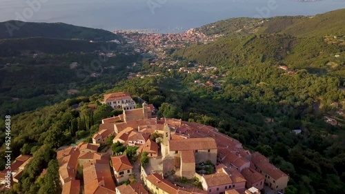 Aerial drone view of medieval mountain village Marciana on the island of Isola d'Elba, Italy photo