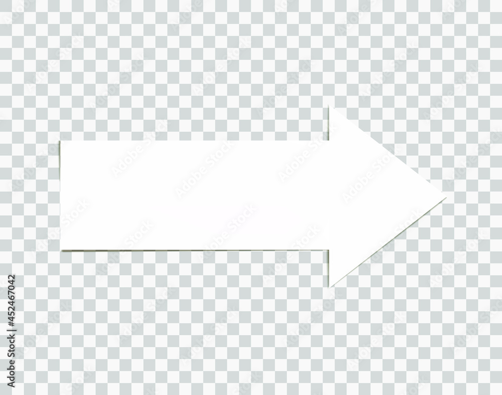 Vector White Arrow Isolated on Transparent Background, Paper Arrow with Shadow, Right Direction, Pointer Directional Sign.