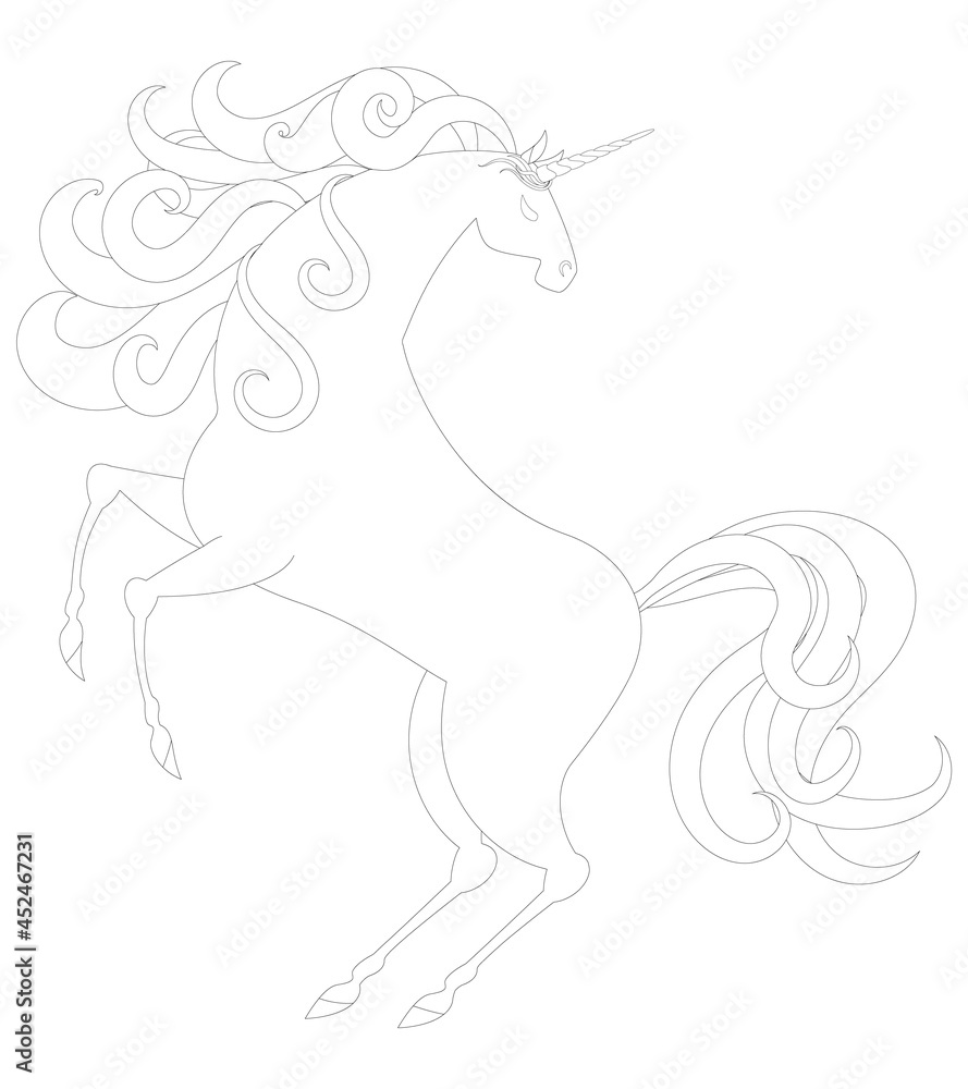 Linear vector drawing of a unicorn standing on its hind legs. Design ...