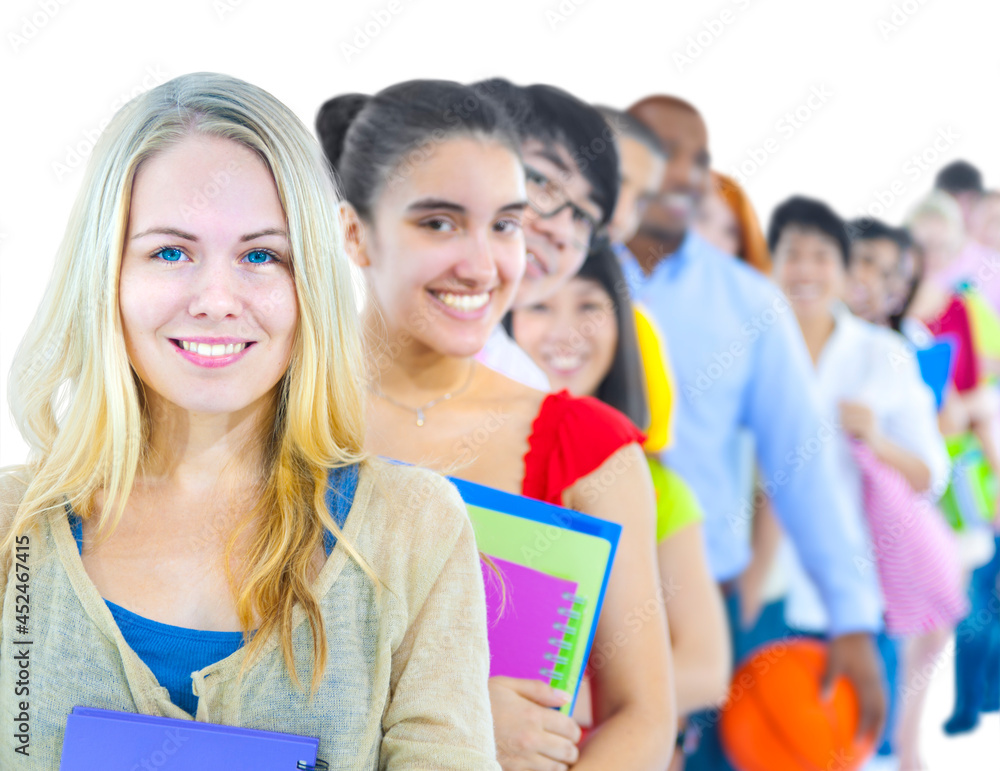 Multi-ethnic group of student standing in line Multi-ethnic group of student standing in line