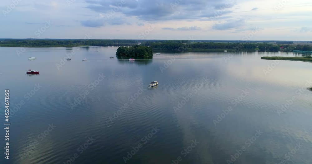 Aerial Forward Shot Of Nautical Vessel Moving In Murtiz Lake - Mecklenburg-Vorpommern, Germany Aerial Forward Shot Of Nautical Vessel Moving In Murtiz Lake - Mecklenburg-Vorpommern, Germany