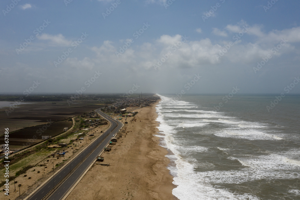 Highway next to the Arabian ocean. Arial View of dwarka to somnath coastal highway. 