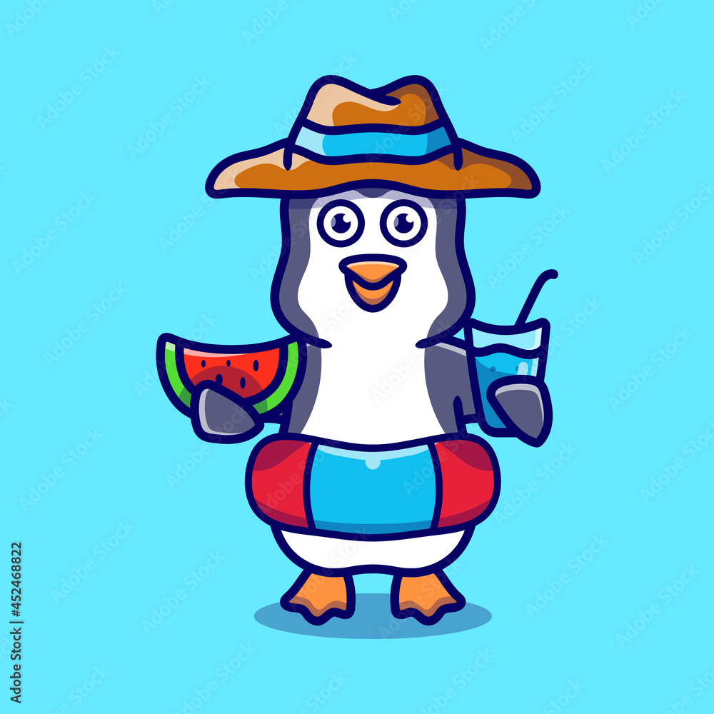 cute penguin in beach hat with Swim rings carrying watermelon and drink