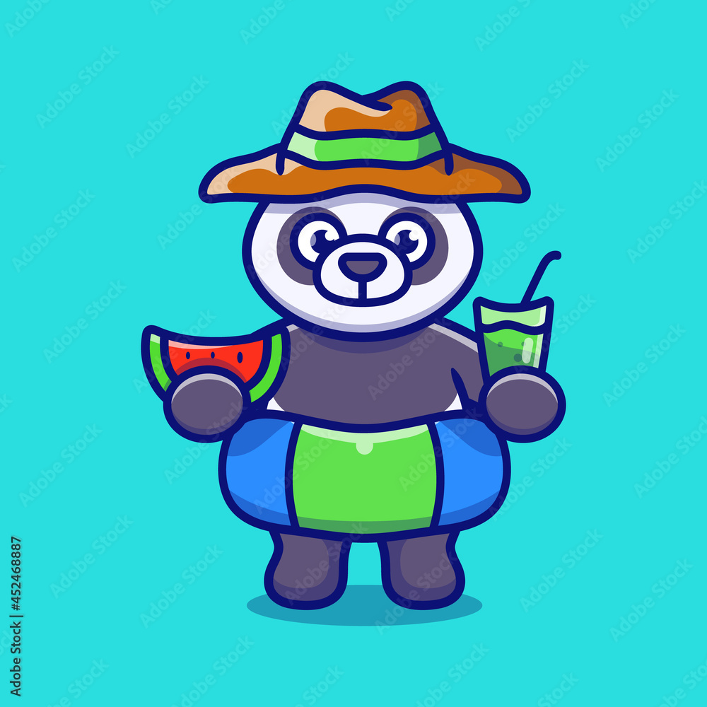 cute panda in beach hat with Swim rings carrying watermelon and drink