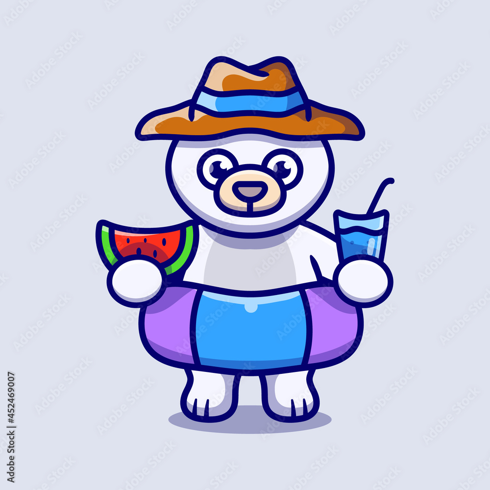 cute polar bear in beach hat with Swim rings carrying watermelon and drink