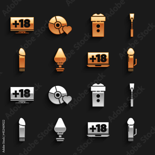 Set Anal plug, Leather whip, Dildo vibrator, Laptop with 18 plus content, Vagina masturbator, Monitor and Adult label compact disc icon. Vector