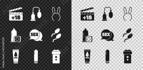 Set Movie clapper with 18 plus content, Penis pump, Mask long bunny ears, Personal lubricant, Dildo vibrator, Vagina masturbator, Condom and Speech bubble Sex icon. Vector