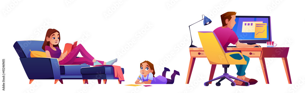 Parents and kid at home, isolated mom sitting on couch and read, father working at computer, child drawing on floor. Family staying in house, hobby activities. Flat style cartoon character, vector Parents and kid at home, isolated mom sitting on couch and read, father working at computer, child drawing on floor. Family staying in house, hobby activities. Flat style cartoon character, vector