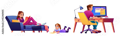 Parents and kid at home, isolated mom sitting on couch and read, father working at computer, child drawing on floor. Family staying in house, hobby activities. Flat style cartoon character, vector