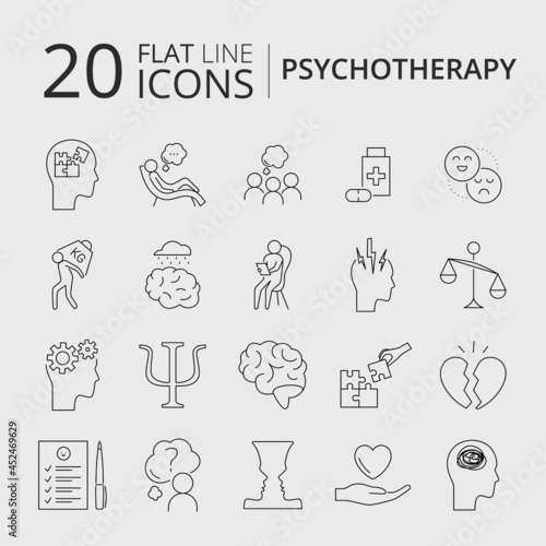 Psychotherapy and psychology related outline simple icon set. Mental health concept. Psychologist counseling elements. Vector illustration isolated. Anxiety, group therapy, mood disorder, depression