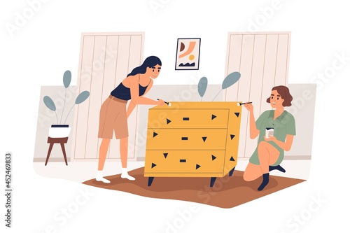 Women decorating and painting furniture at home. Family couple renewing and repairing chest of drawers. People restoring cabinet together. Flat vector illustration isolated on white background