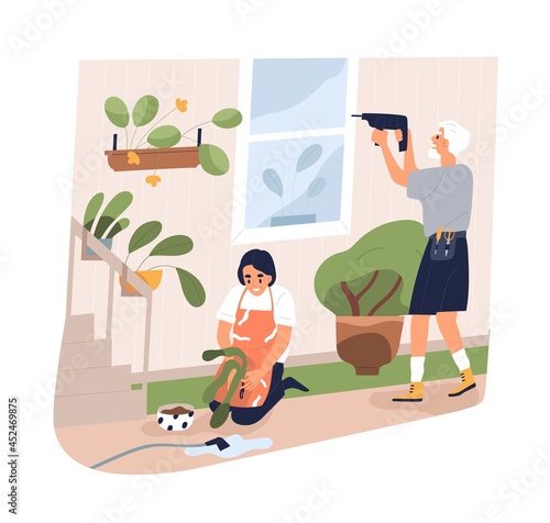 Happy senior people working on house yard. Woman growing and caring about plants, old man repairing home outside. Maintenance of backyard. Flat vector illustration isolated on white background