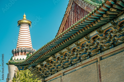 The detail view of the wooden roof of ancient Chinese architecture in Dafo temple  Zhangye  China.