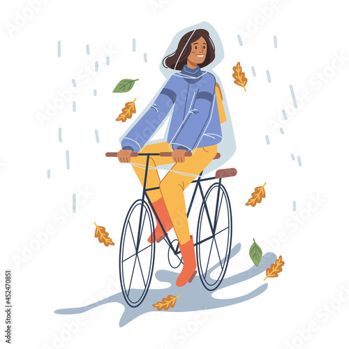 Female personage wearing protective raincoat riding bicycle under rain. Rainy wet weather in autumn, fall seasonal downpours and showers. Leaves and drops. Cartoon character in flat style vector
