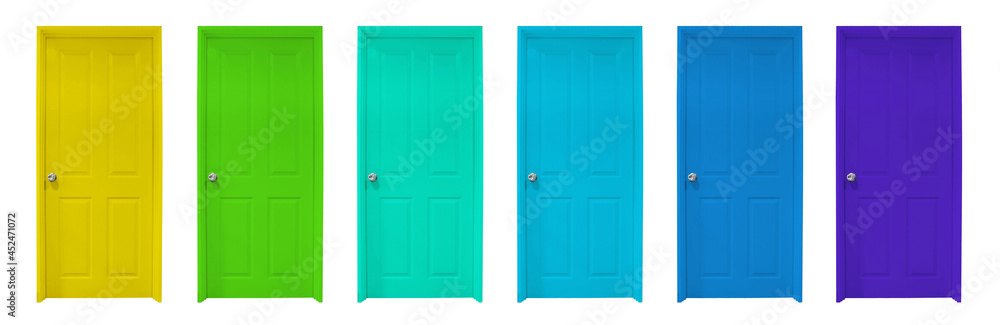 Group of wooden doors on white background