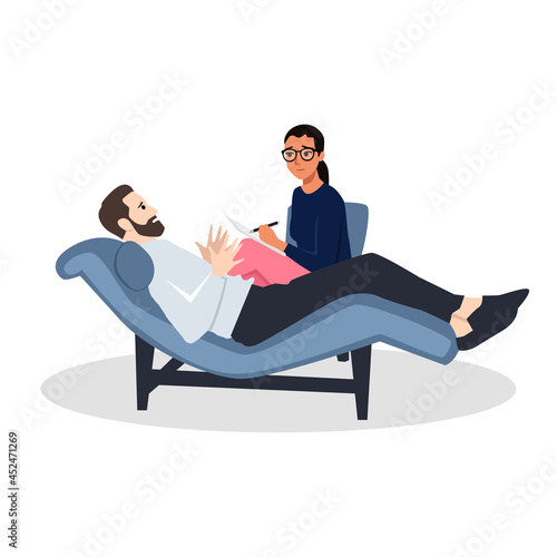 Private therapy session semi flat RGB color vector illustration. Appointment with psychologist. Patient and therapist. Psychology consultation. Isolated cartoon character on white background