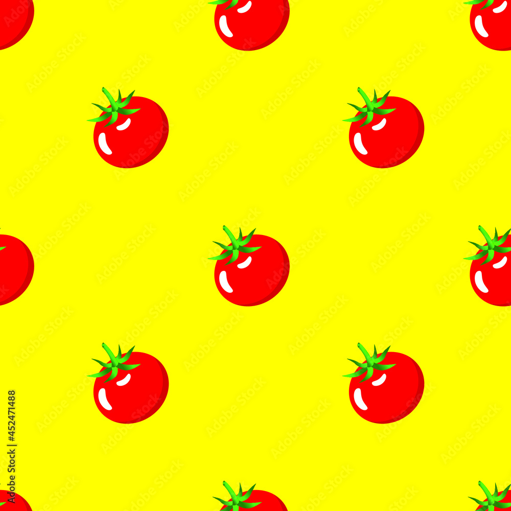 Tomato fruit whole and half slice on yellow background seamless pattern. Vector illustration. Tomato fruit whole and half slice on yellow background seamless pattern. Vector illustration.