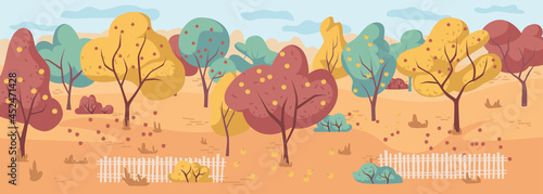 Garden with apple trees in autumn season landscape, flat cartoon illustration. Vector orchard with ripe fruits, orange, green and yellow plants. Rural scenery, harvest crop, fall agriculture view