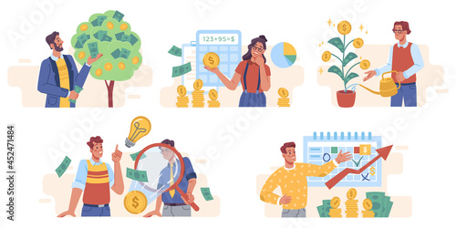 Planting money tree, people and business investment concept, flat cartoon. Vector investors grow, care plant with gold coins dollar bills, financial growth. Trading and marketing, search of new ideas