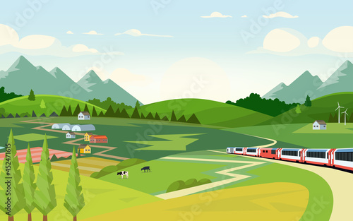 rain traveling on bridge in summer landscape vector illustration. Cartoon flat express electric train travels by rail road, railway in middle of mountain scenery and green trees. Adventure background