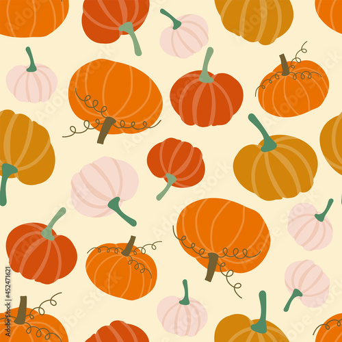 Vector seamless pattern with pumpkins. Hand drawn colorful illustrations. Background for autumn celebrations: Halloween, Thanksgiving Day, Harvest Festival.