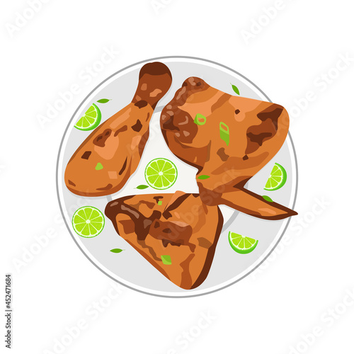Chicken and chips jerk caribbean cuisine on a plate flat vector illustration