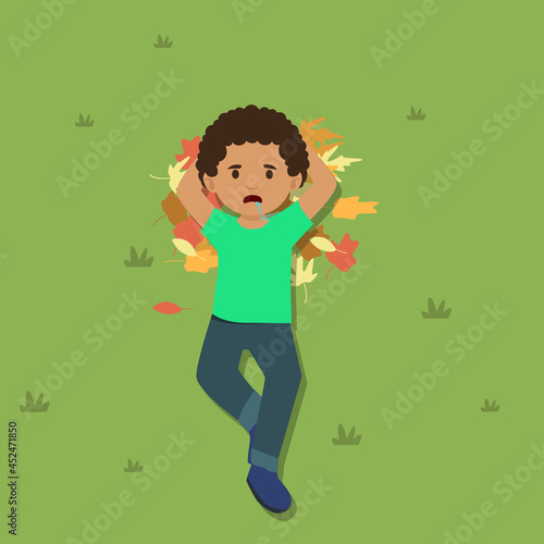 Boy lying down on the lawn illustration. Flat vector illustration isolated on background