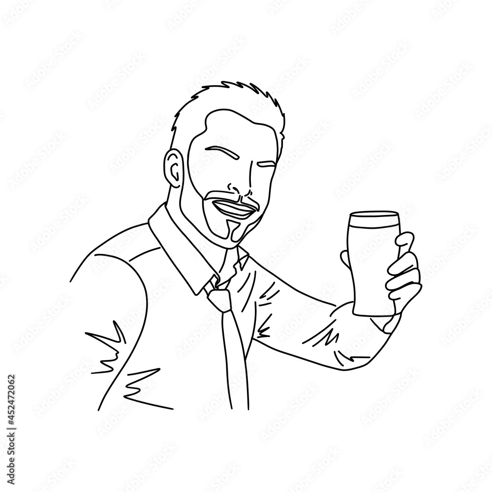 Smiling men holding a beer glass in his hand. Outline sketch. Drinking beer and toasting concept. Party, celebration concept. Vector illustration. Smiling men holding a beer glass in his hand. Outline sketch. Drinking beer and toasting concept. Party, celebration concept. Vector illustration.