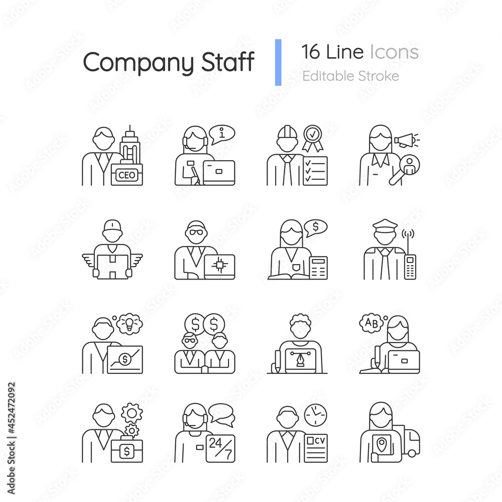 Company staff related RGB linear icons set. Chief executive officer. Company workers team. Customizable thin line contour symbols. Isolated vector outline illustrations. Editable stroke Company staff related RGB linear icons set. Chief executive officer. Company workers team. Customizable thin line contour symbols. Isolated vector outline illustrations. Editable stroke