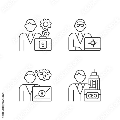 Senior executive roles RGB linear icons set. Chief executive officer. Main company position. Customizable thin line contour symbols. Isolated vector outline illustrations. Editable stroke
