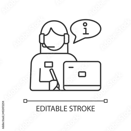 Receptionist RGB linear icon. Greeting guests and visitors. Answer phone calls. Lobby front desk. Thin line customizable illustration. Contour symbol. Vector isolated outline drawing. Editable stroke