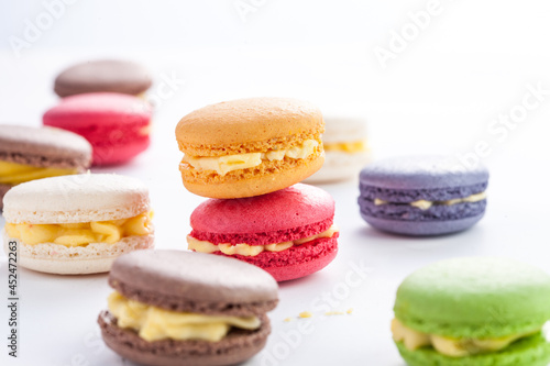 many macaroons on white table