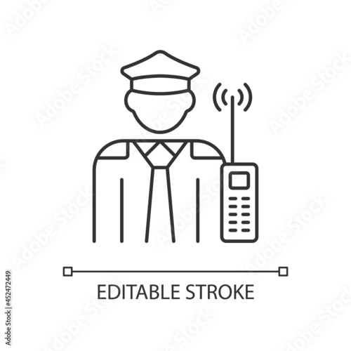 Security guard RGB linear icon. Officer that supervises private and public property. Thin line customizable illustration. Contour symbol. Vector isolated outline drawing. Editable stroke