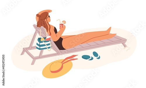 Woman lying on chaise lounge, sunbathing and relaxing with cocktail in hands on summer holidays. Female in swimsuit resting on sunbed on beach. Flat vector illustration isolated on white background