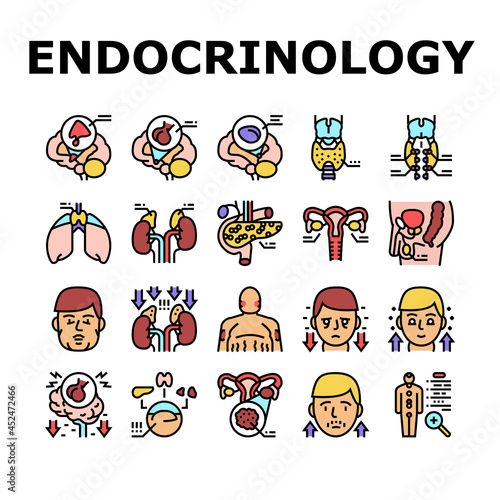 Endocrinology Medical Disease Icons Set Vector. Parathyroid And Pituitary Gland, Acromegaly And Hypothyroidism, Hypothalamus And Adrenal Insufficiency Endocrinology Line. Color Illustrations