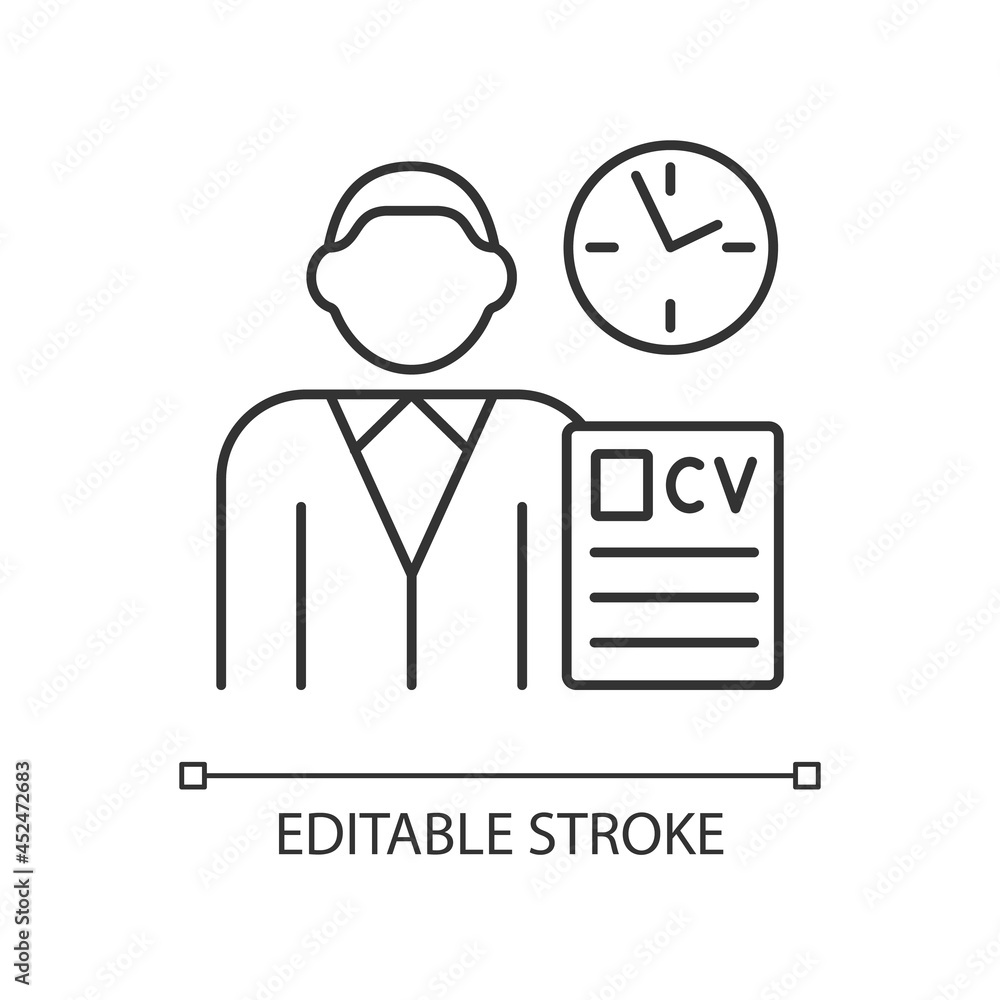 Job applicant RGB linear icon. Apply for new job. Job opening. Send resume. Recruitment process. Thin line customizable illustration. Contour symbol. Vector isolated outline drawing. Editable stroke Job applicant RGB linear icon. Apply for new job. Job opening. Send resume. Recruitment process. Thin line customizable illustration. Contour symbol. Vector isolated outline drawing. Editable stroke