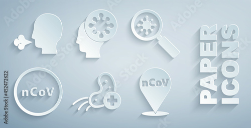 Set Positive virus, Virus under magnifying glass, Corona 2019-nCoV, location, Human and and Man coughing icon. Vector