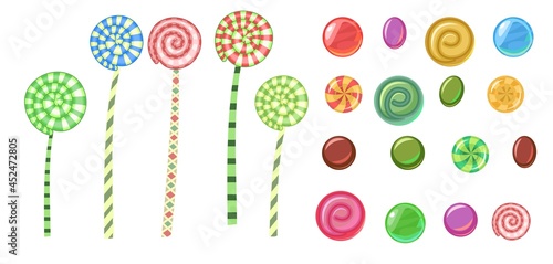 Set. Assorted dessert sweets. Candy caramel. Round stick lollipops. Flat cartoon background illustration. Vector