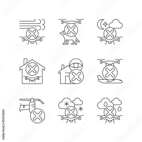 Drone restrictions linear manual label icons set. No spying. Pet safety. Customizable thin line contour symbols. Isolated vector outline illustrations for product use instructions. Editable stroke