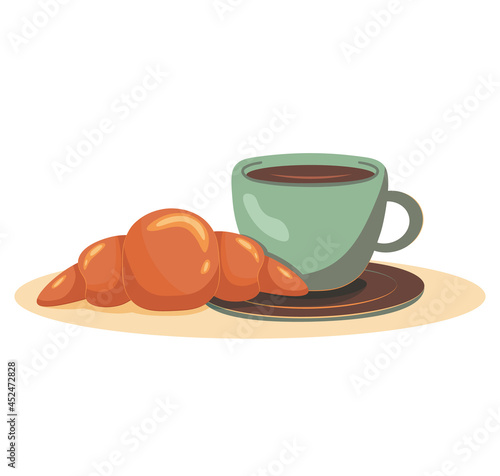 Cup of coffee with croissant. Breakfast concept. Vector illustration. Greeting postcards. Premade Compositions.