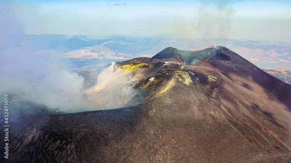 Crater Etna top view from above with smoke -Sicily