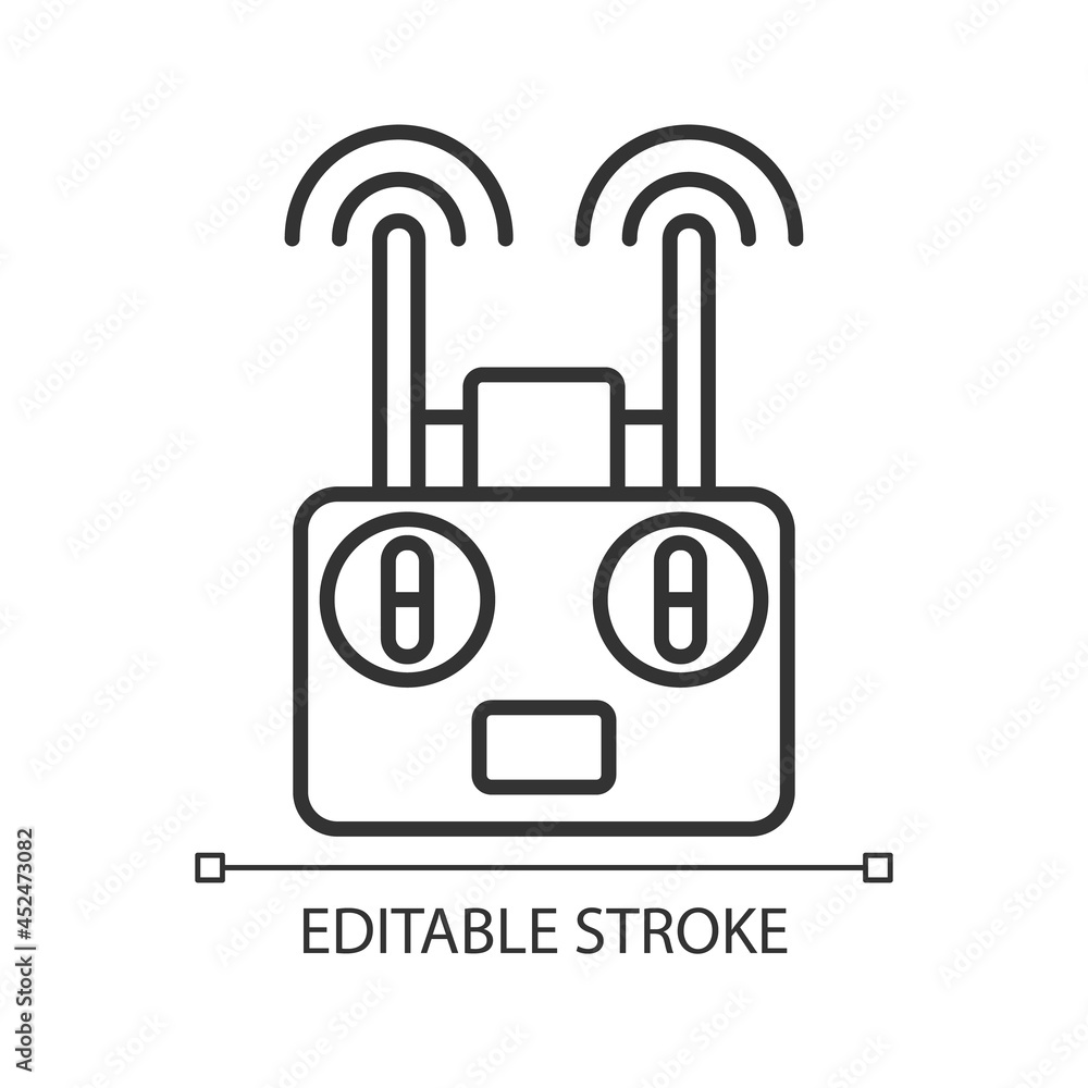 Remote controller linear manual label icon. Drone radio transmitter. Thin line customizable illustration. Contour symbol. Vector isolated outline drawing for product use instructions. Editable stroke Remote controller linear manual label icon. Drone radio transmitter. Thin line customizable illustration. Contour symbol. Vector isolated outline drawing for product use instructions. Editable stroke