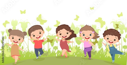 Children dance joy in the meadow. Happy childhood. Little boys and girls. Kid jumps for joy. Nice kid. Cartoon style. Isolated on white background. Vector