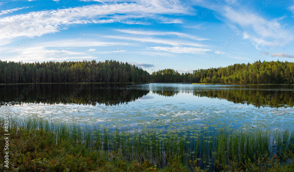 Panorama view of a forest lake in Karelia (northwest Russia), which reflects the forest and clouds