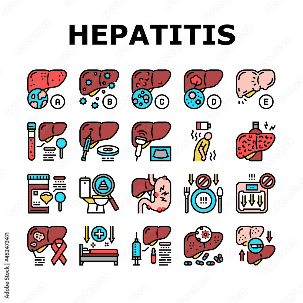 Hepatitis Liver Health Problem Icons Set Vector. Cirrhosis And
